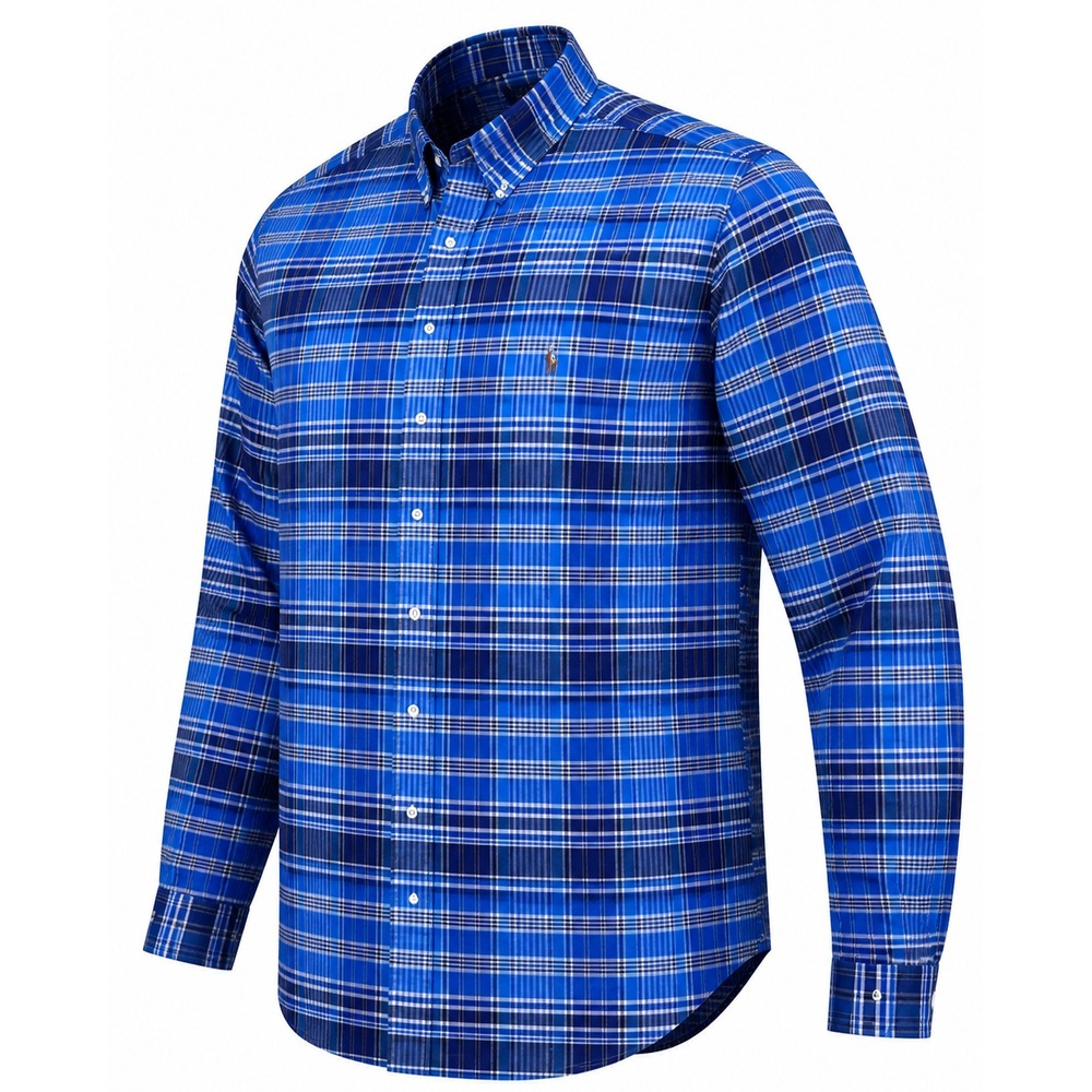 Ralph Lauren Shirt Men 2XLT Blue Plaid Stretch Oxford Long Sleeve Flesh Pony